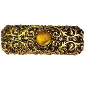 Gold Tone Scroll Design, Yellow Cab Rhinestone, Enamel Bar Brooch Pin M507